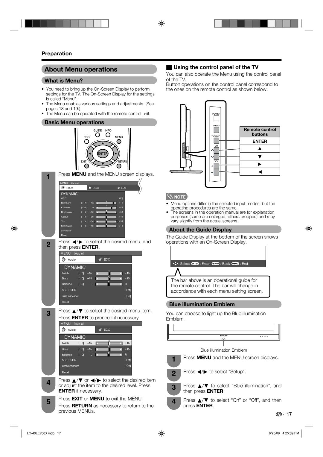 Sharp LC-40LE700X operation manual About Menu operations 