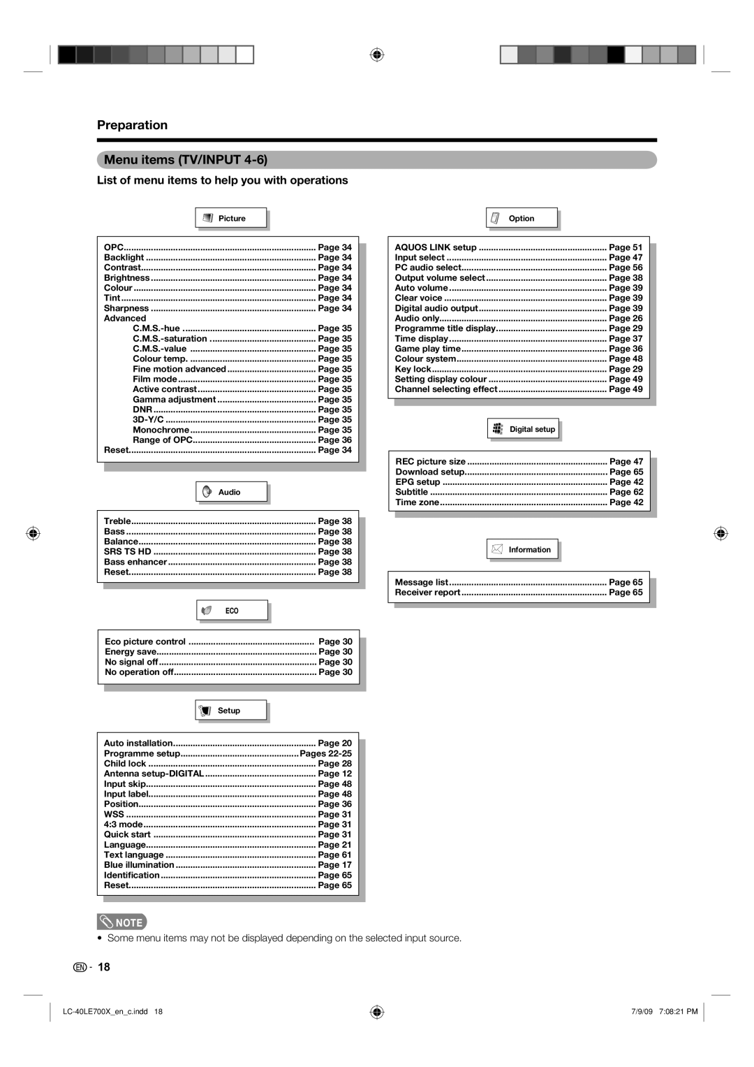 Sharp LC-40LE700X operation manual Preparation Menu items TV/INPUT, List of menu items to help you with operations 