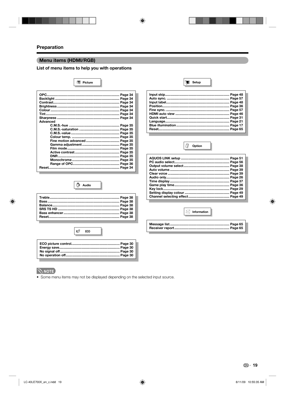 Sharp LC-40LE700X operation manual Preparation Menu items HDMI/RGB, Input skip 