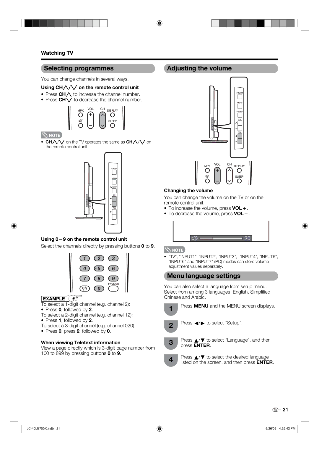 Sharp LC-40LE700X operation manual Selecting programmes Adjusting the volume, Menu language settings, Watching TV 