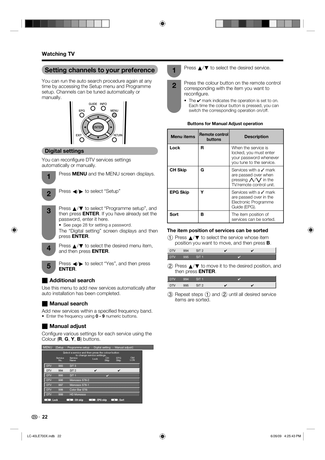 Sharp LC-40LE700X Setting channels to your preference, Digital settings, Additional search, Manual search, Manual adjust 