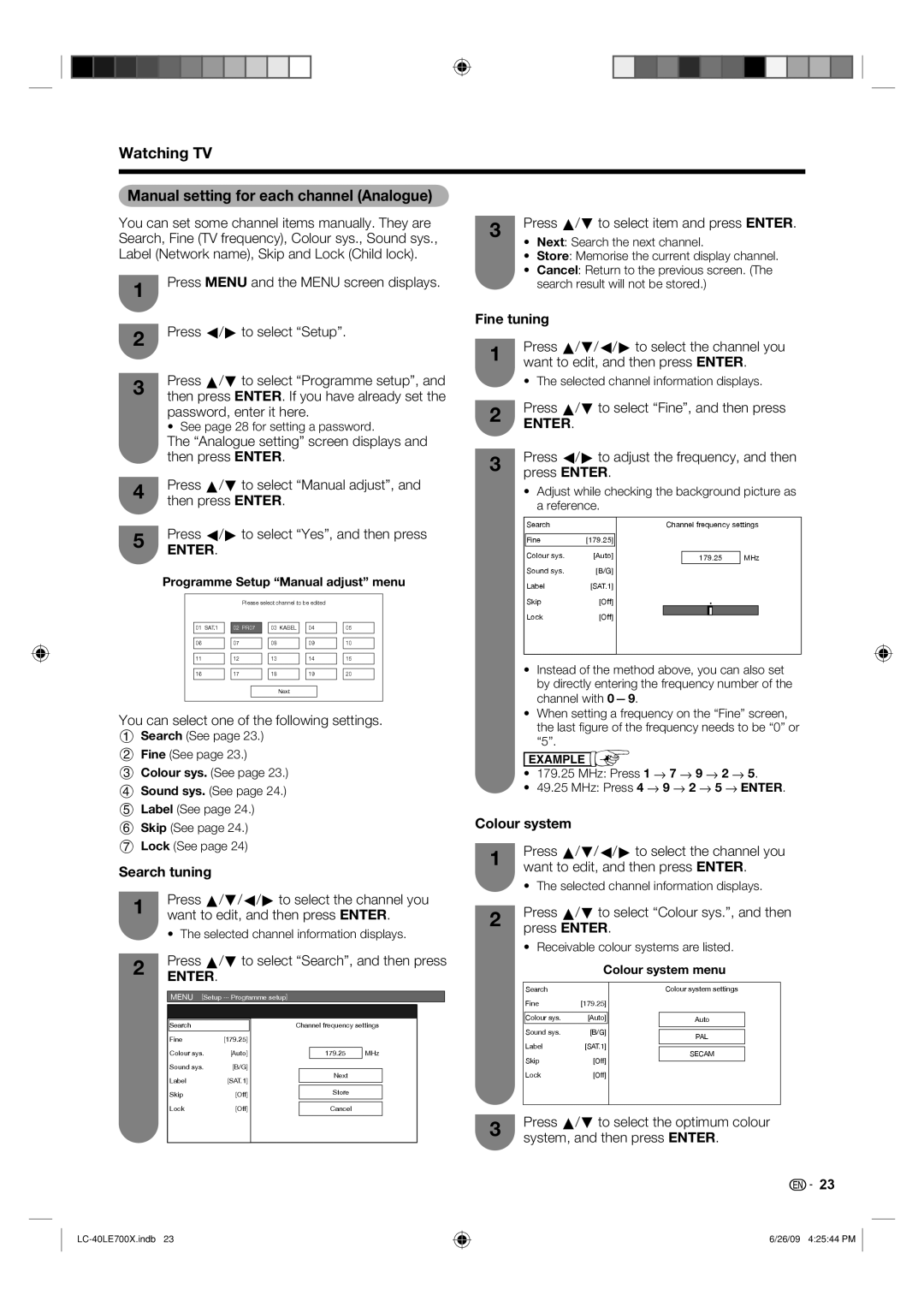 Sharp LC-40LE700X Watching TV Manual setting for each channel Analogue, Fine tuning, Search tuning, Colour system 