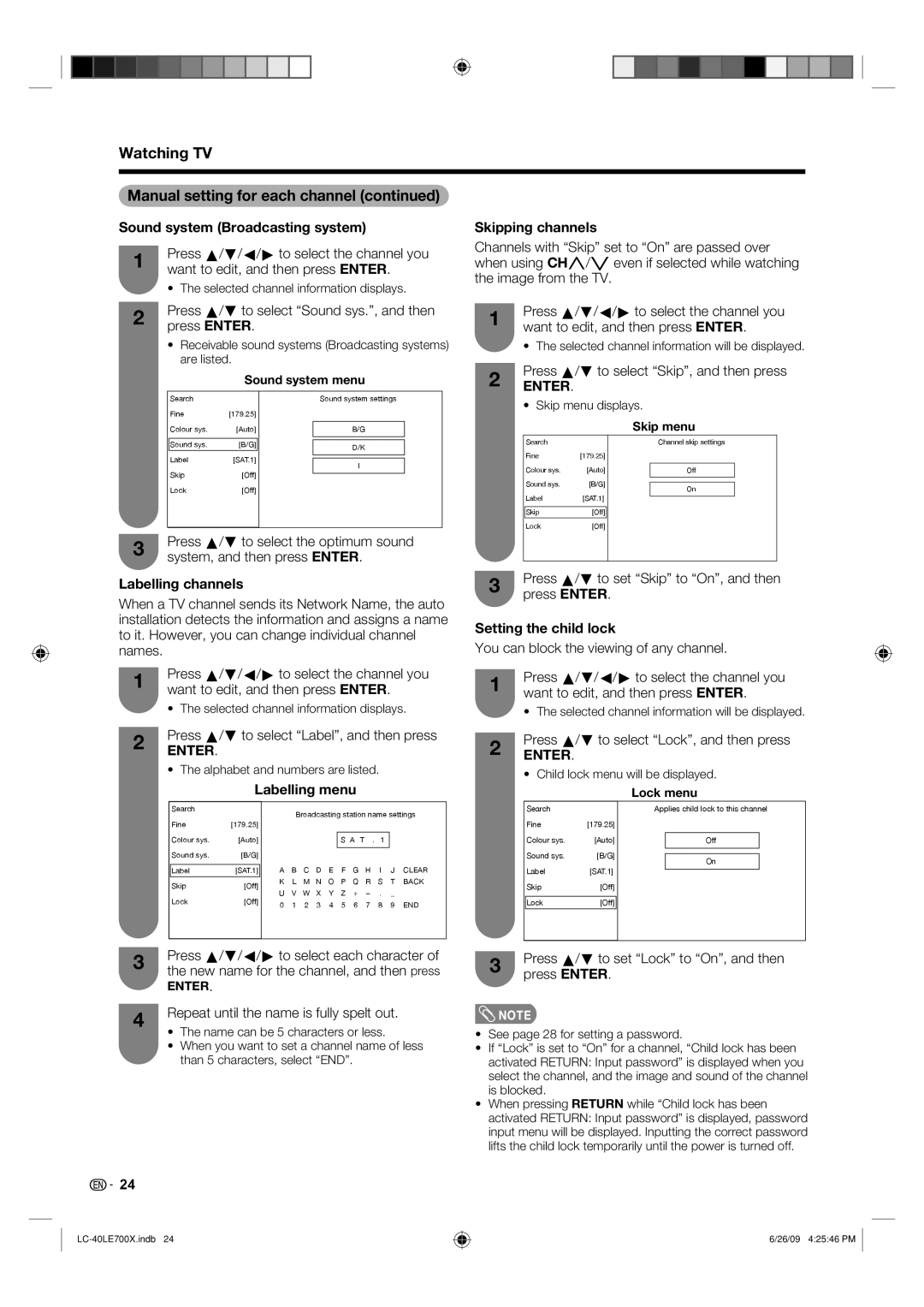 Sharp LC-40LE700X operation manual Watching TV Manual setting for each channel 