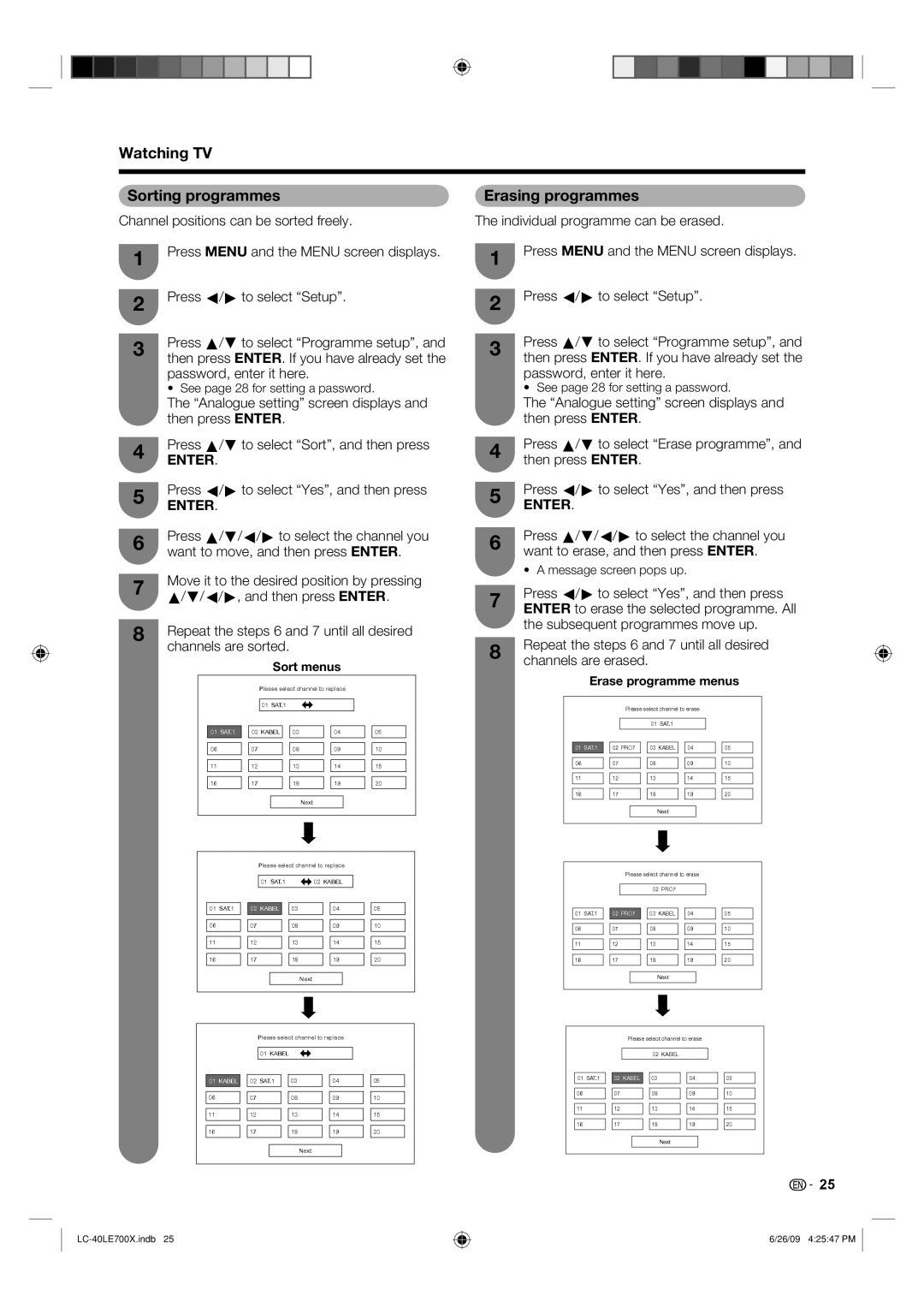 Sharp LC-40LE700X operation manual Watching TV Sorting programmes, Erasing programmes 