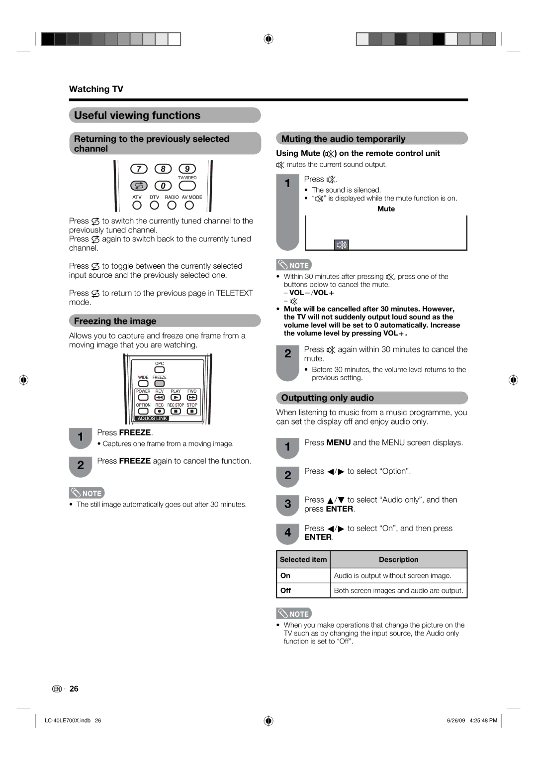 Sharp LC-40LE700X Useful viewing functions, Returning to the previously selected channel, Freezing the image 