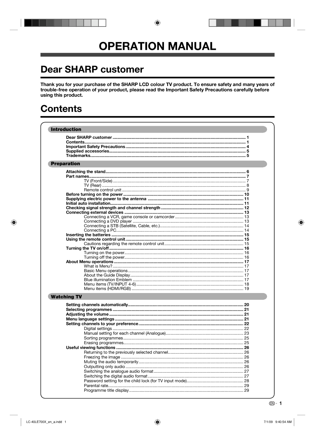 Sharp LC-40LE700X operation manual Dear Sharp customer, Contents 