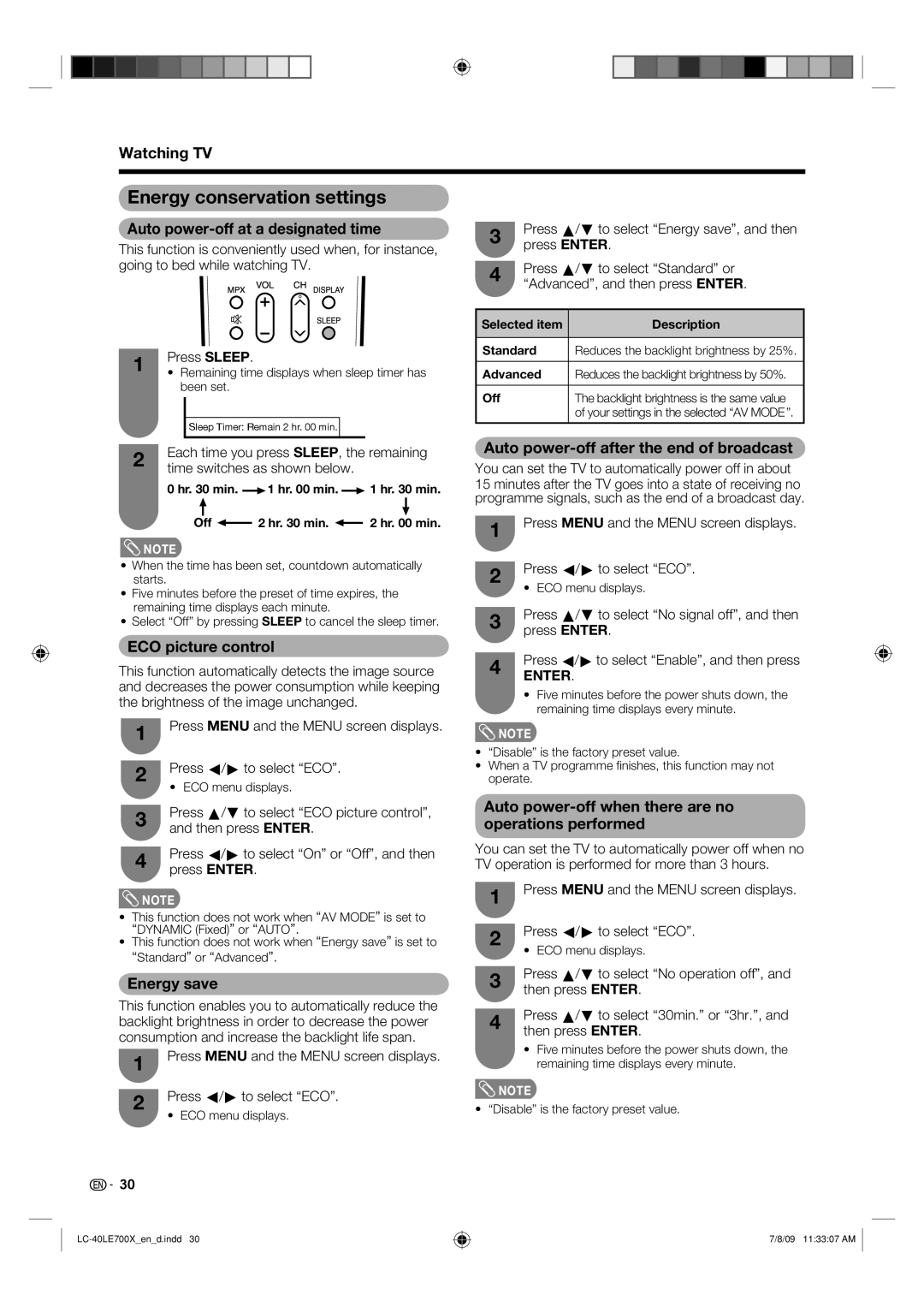 Sharp LC-40LE700X operation manual Energy conservation settings 