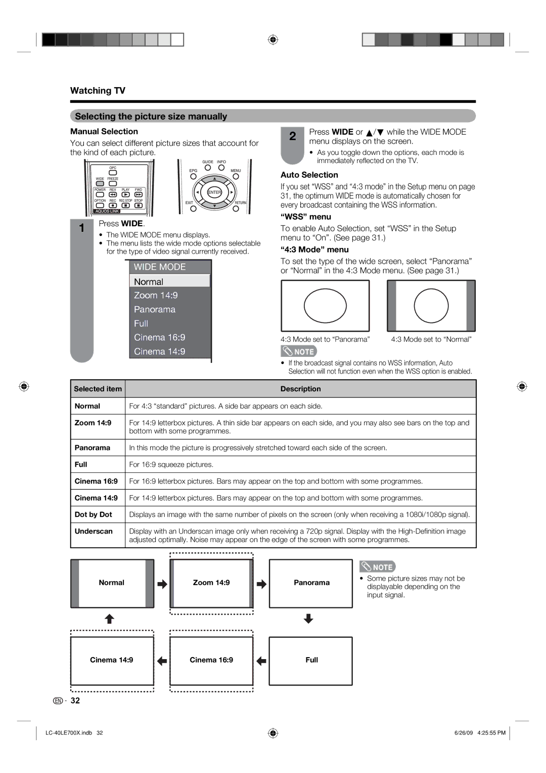 Sharp LC-40LE700X Watching TV Selecting the picture size manually, Manual Selection, Auto Selection, WSS menu, Mode menu 