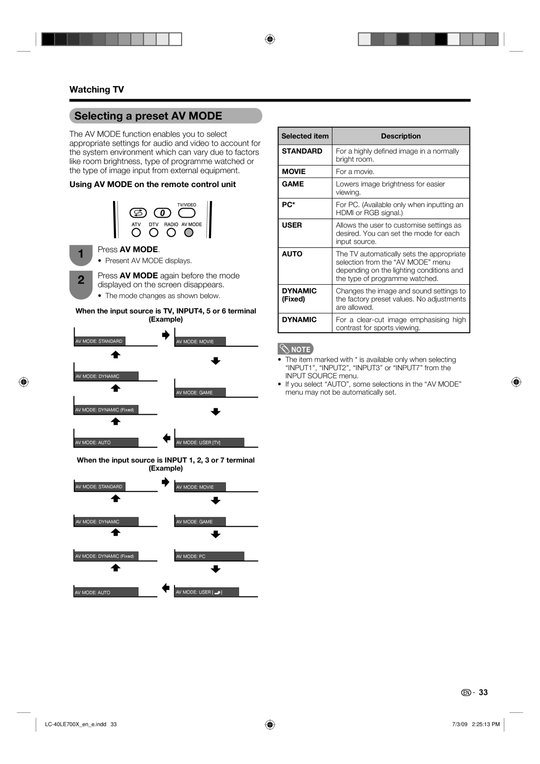 Sharp LC-40LE700X Selecting a preset AV Mode, Using AV Mode on the remote control unit, Press AV Mode, Fixed 