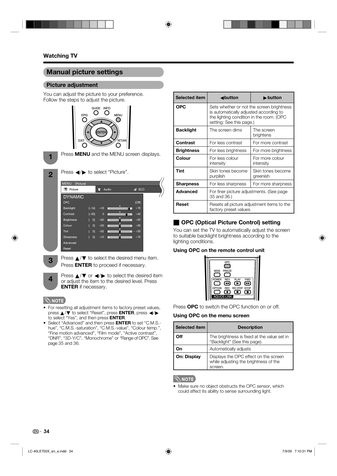 Sharp LC-40LE700X Manual picture settings, Picture adjustment, Press OPC to switch the OPC function on or off, On Display 