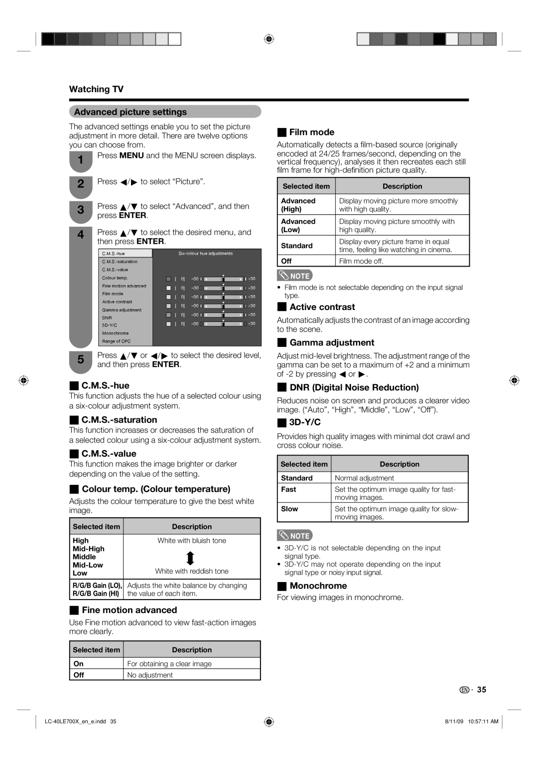 Sharp LC-40LE700X Watching TV Advanced picture settings, Film mode, Active contrast, Gamma adjustment, M.S.-hue, 3D-Y/C 