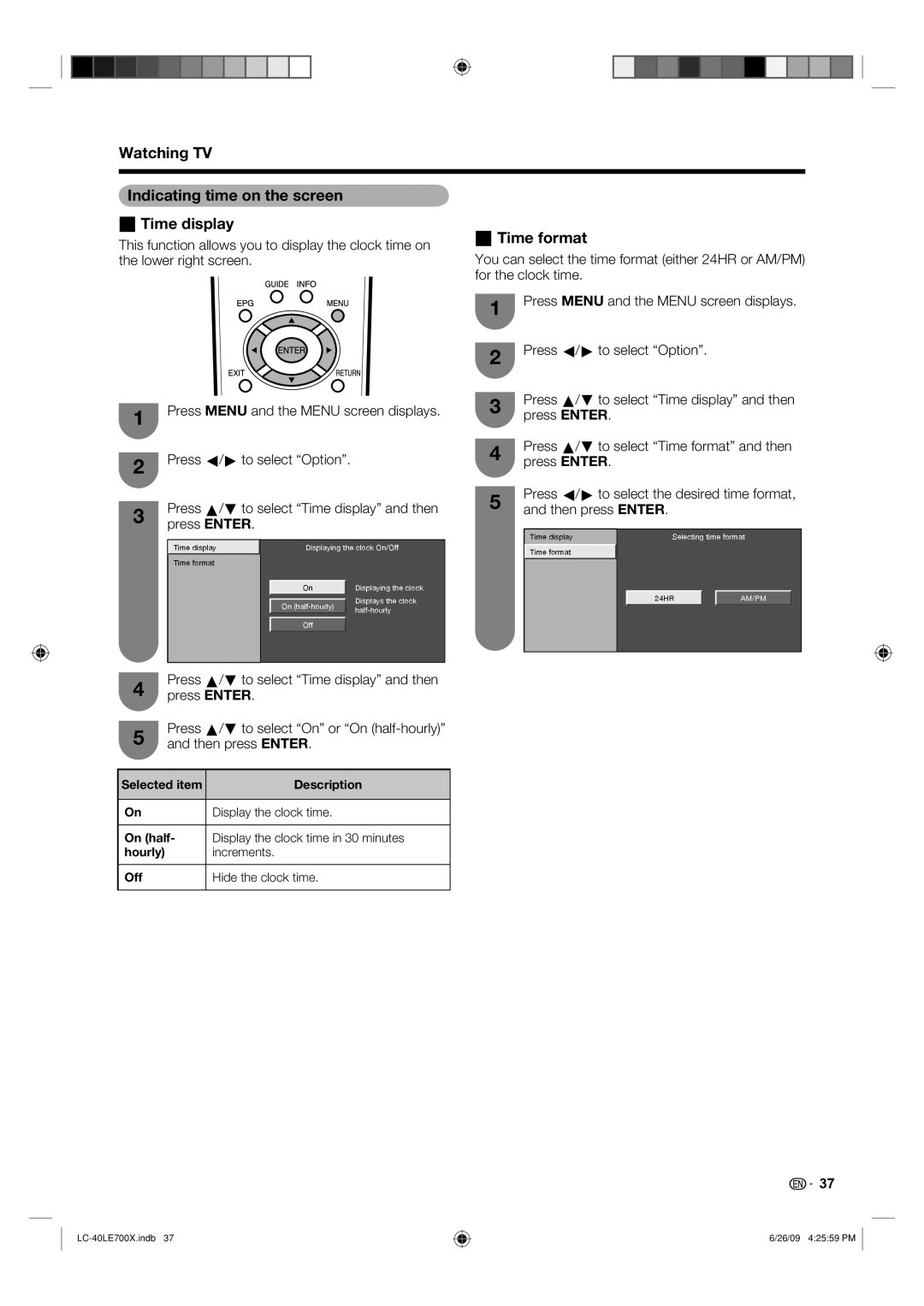 Sharp LC-40LE700X operation manual Watching TV Indicating time on the screen Time display, Time format, On half 