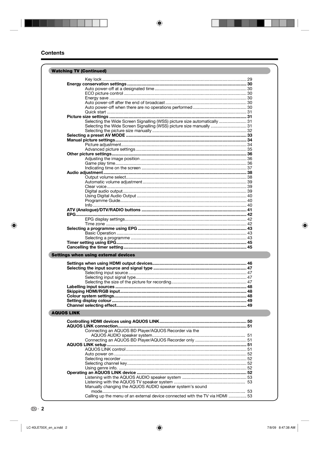 Sharp LC-40LE700X operation manual Contents 