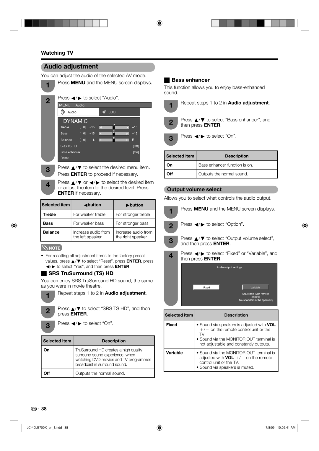 Sharp LC-40LE700X operation manual Audio adjustment, Bass enhancer, SRS TruSurround TS HD, Output volume select 