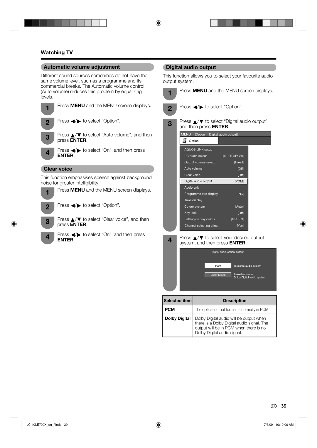 Sharp LC-40LE700X operation manual Watching TV Automatic volume adjustment, Clear voice, Digital audio output 