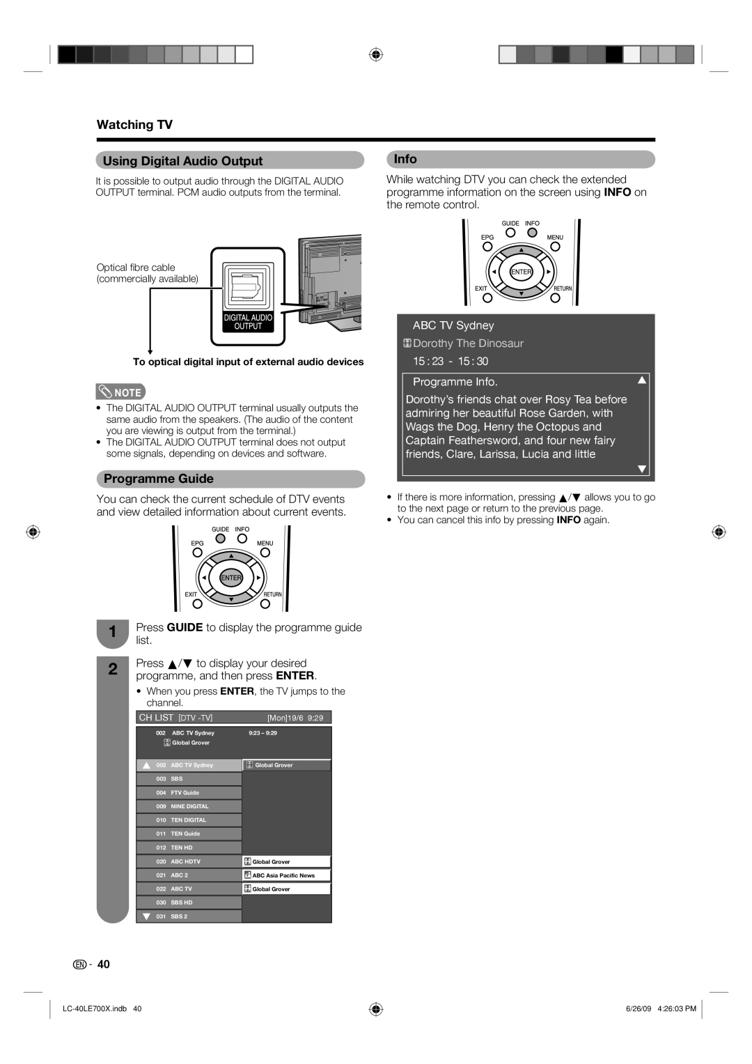 Sharp LC-40LE700X Watching TV Using Digital Audio Output, Programme Guide Info, List, Press a/ b to display your desired 