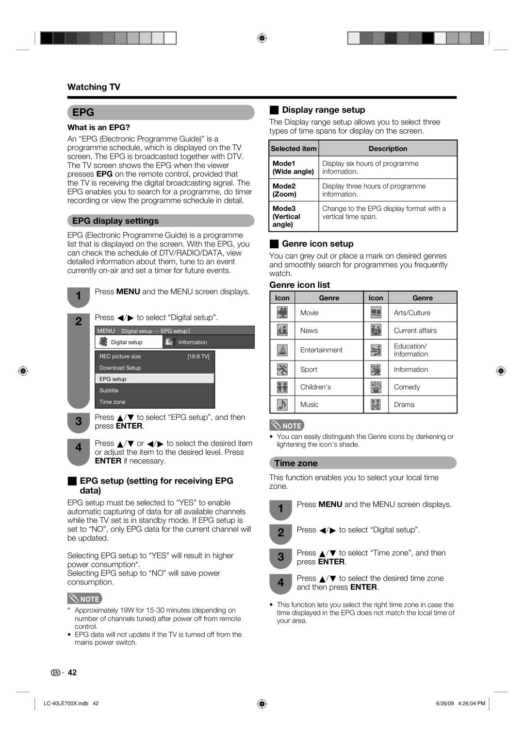 Sharp LC-40LE700X EPG display settings, Display range setup, Genre icon setup, EPG setup setting for receiving EPG data 