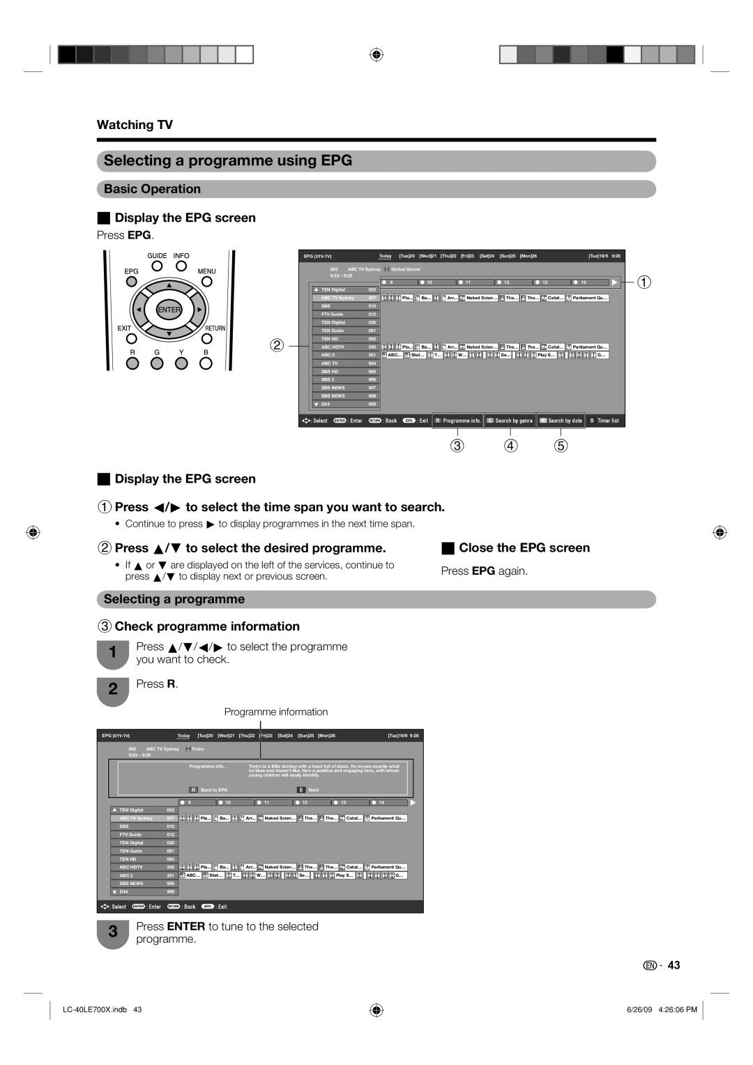 Sharp LC-40LE700X operation manual Selecting a programme using EPG, Basic Operation Display the EPG screen 