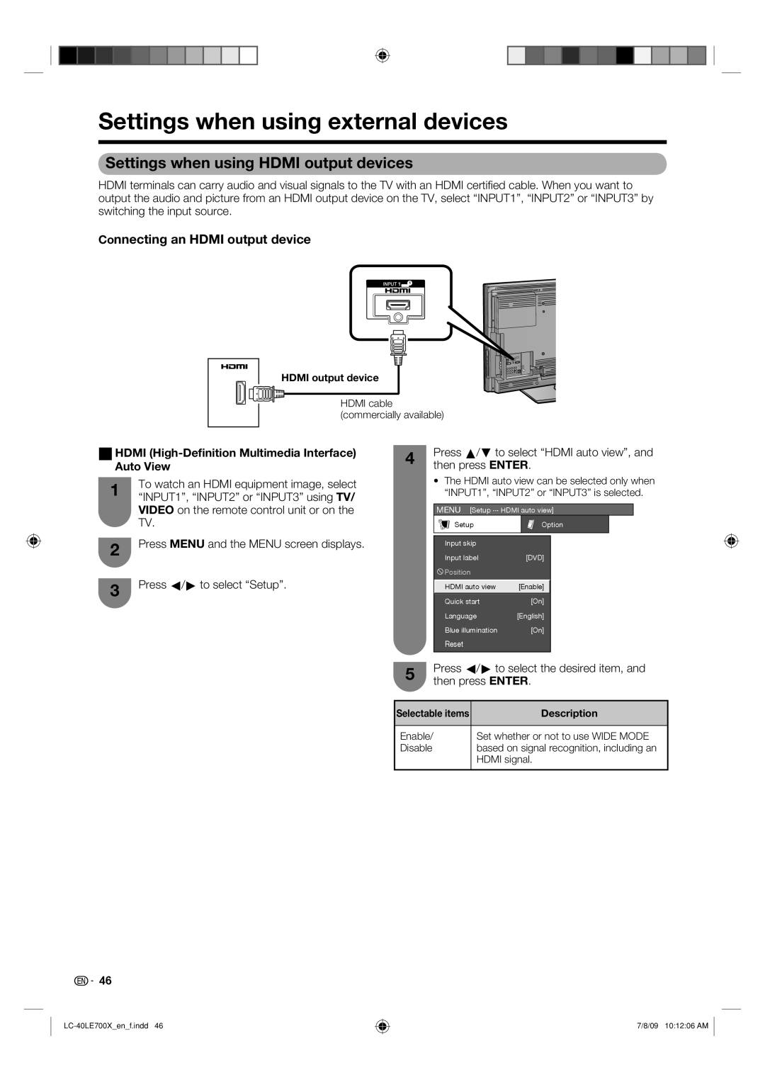 Sharp LC-40LE700X operation manual Settings when using external devices, Settings when using Hdmi output devices 