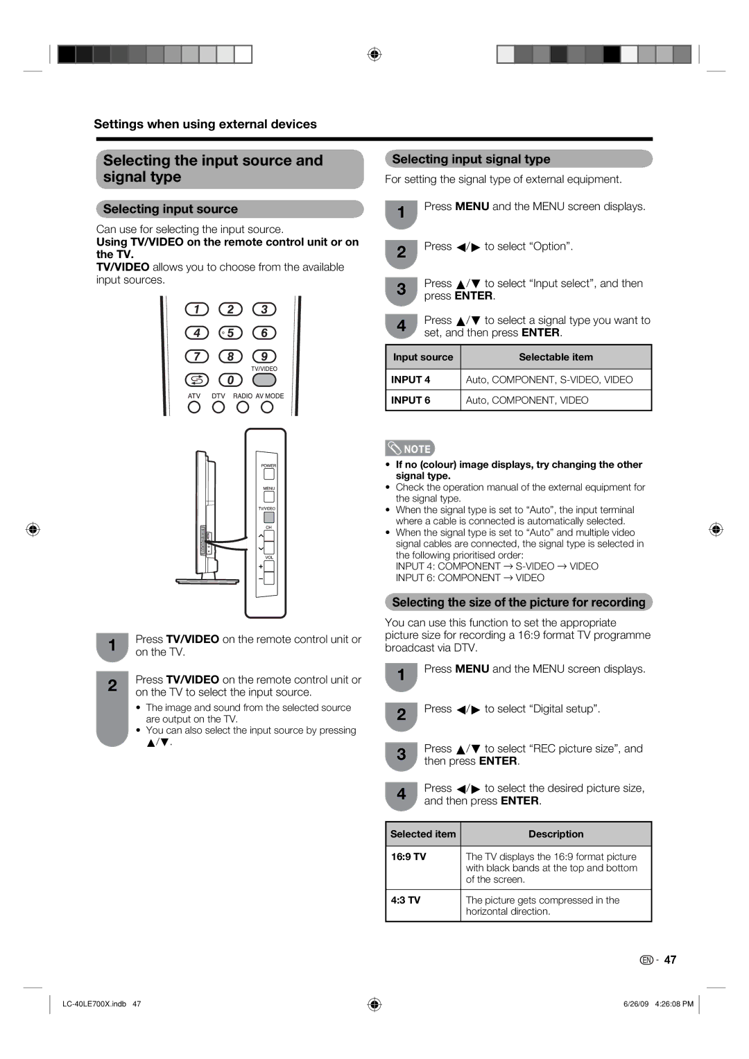 Sharp LC-40LE700X operation manual Selecting the input source, Signal type 