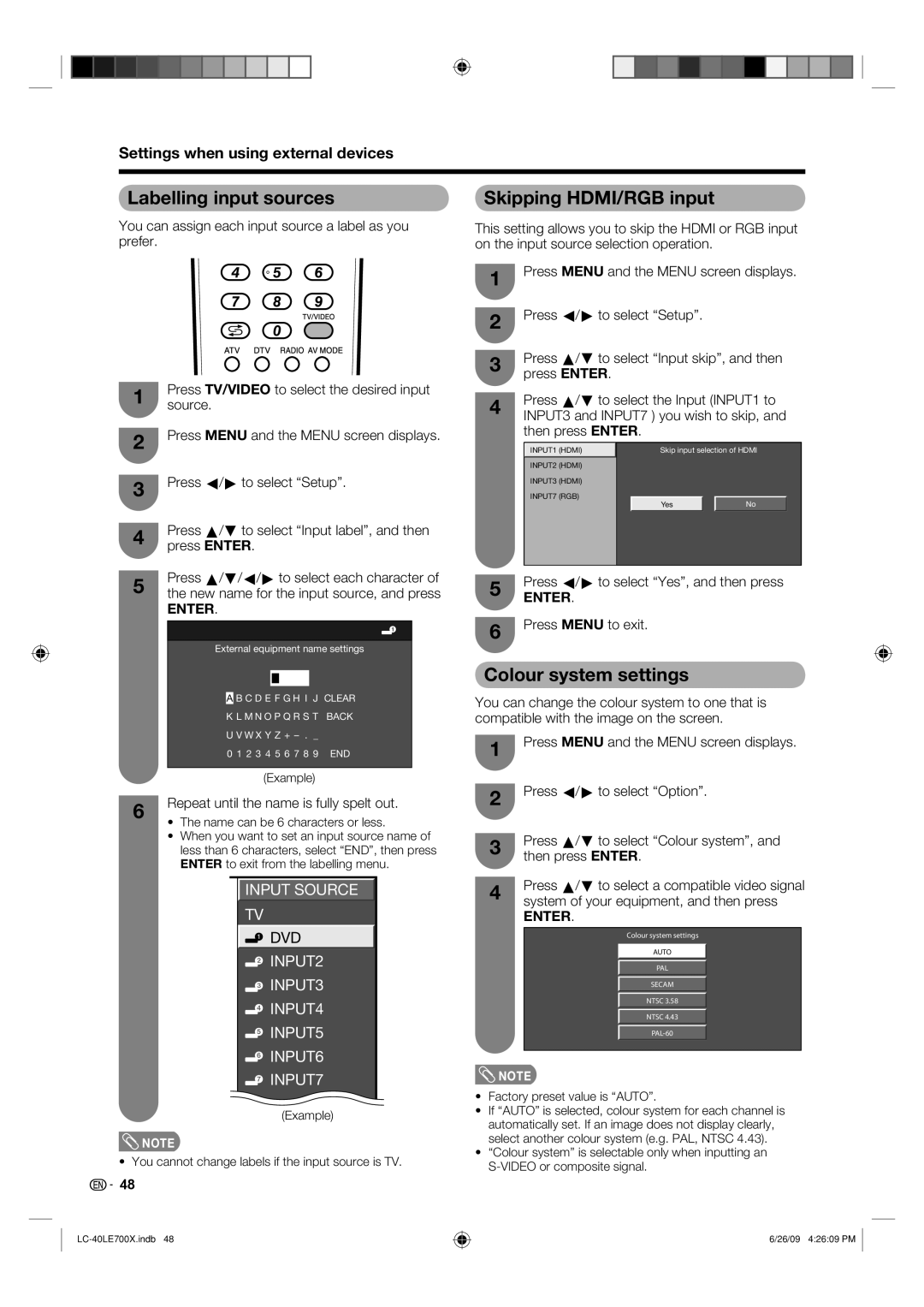 Sharp LC-40LE700X operation manual Labelling input sources Skipping HDMI/RGB input, Colour system settings 