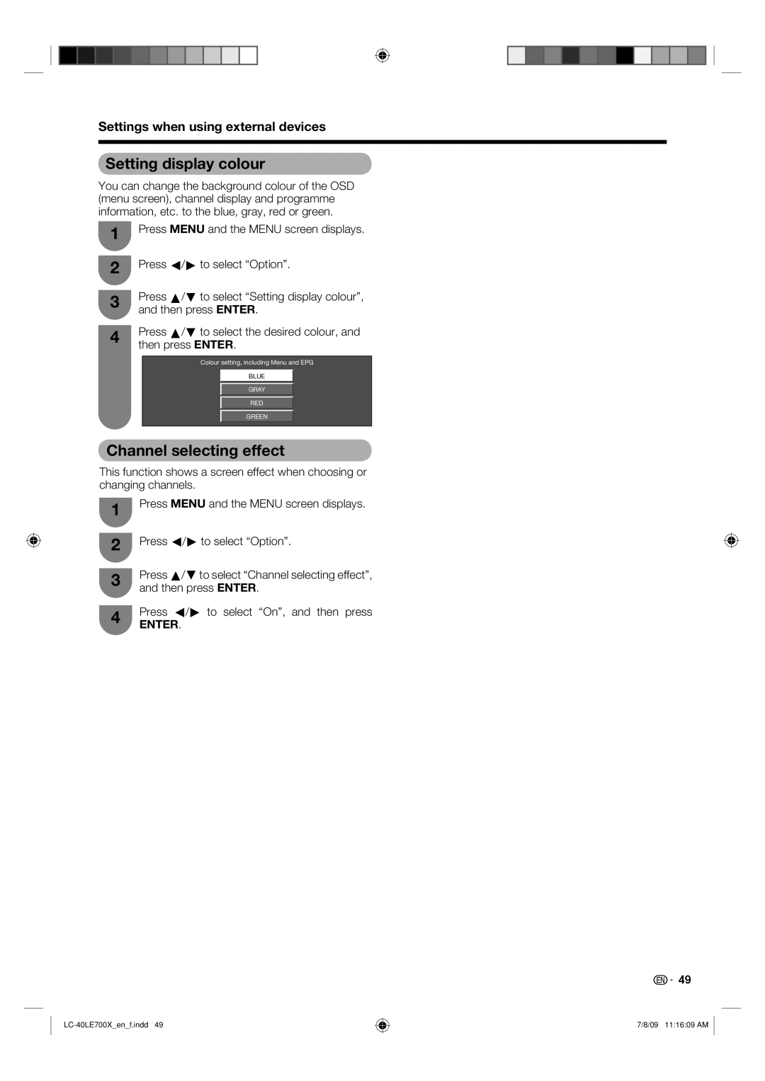 Sharp LC-40LE700X operation manual Channel selecting effect, Press a/ b to select Setting display colour 