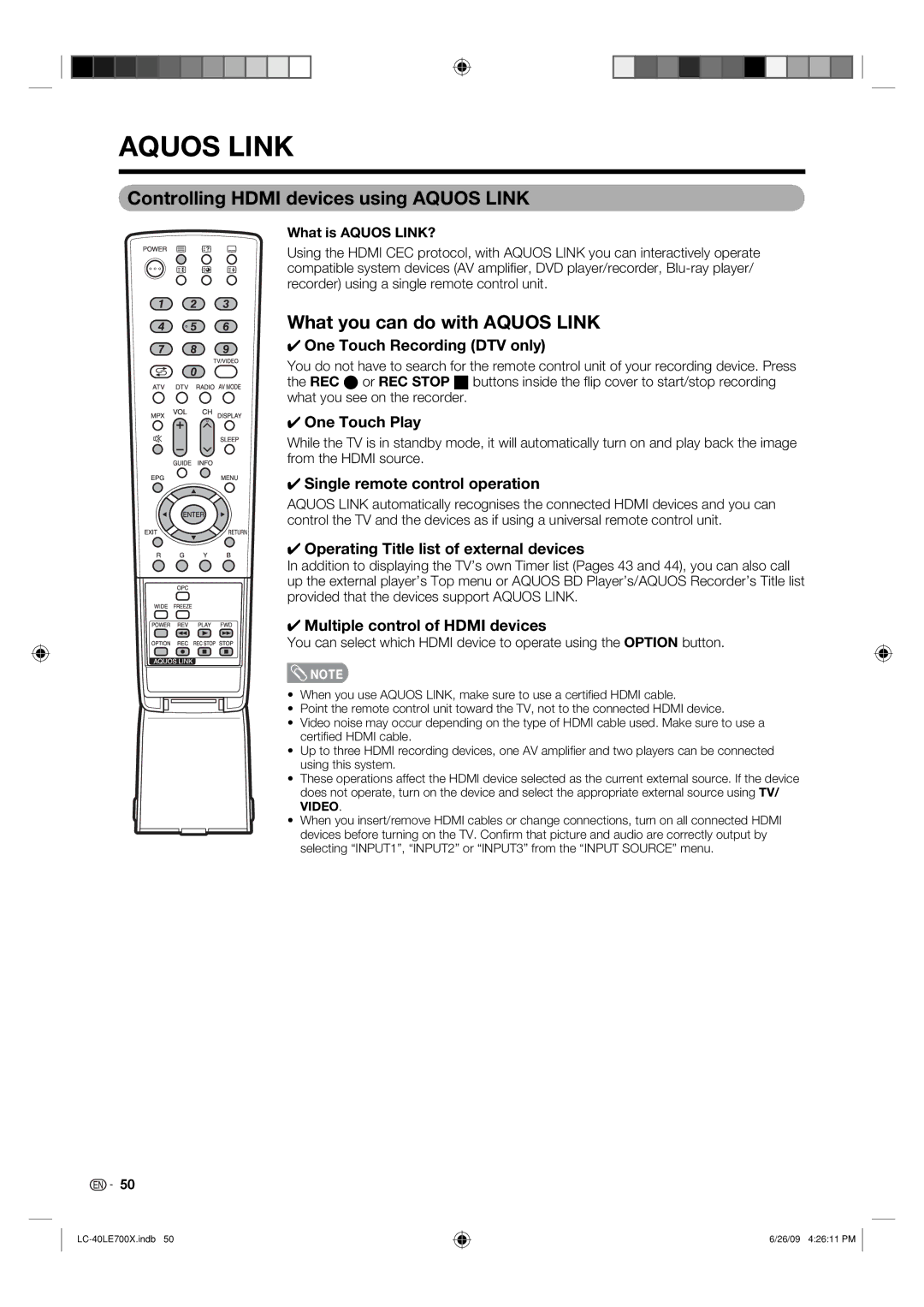 Sharp LC-40LE700X operation manual Controlling Hdmi devices using Aquos Link, What you can do with Aquos Link 