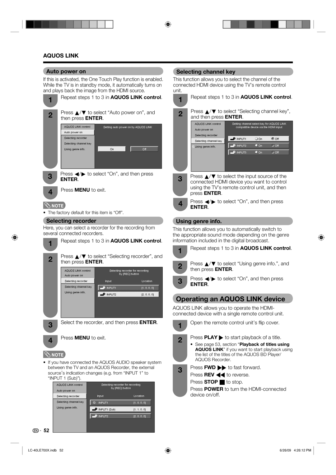 Sharp LC-40LE700X operation manual Operating an Aquos Link device, Auto power on, Selecting recorder, Using genre info 