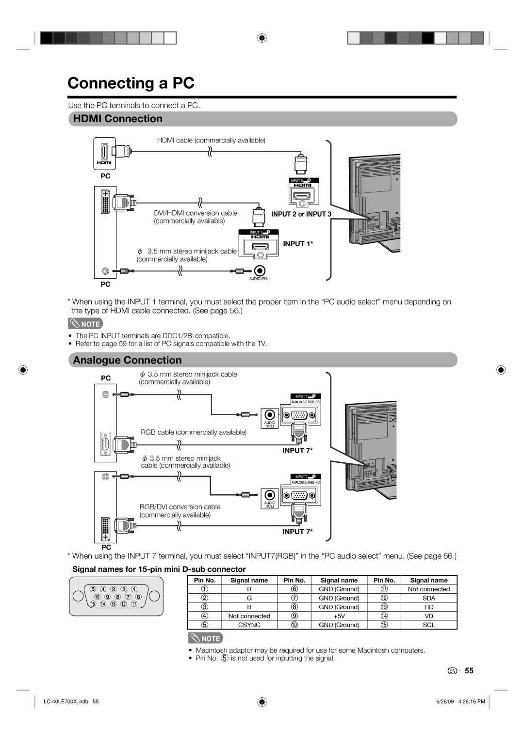 Sharp LC-40LE700X Connecting a PC, Hdmi Connection, Analogue Connection, Use the PC terminals to connect a PC 