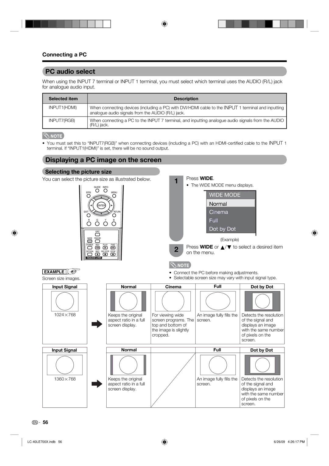 Sharp LC-40LE700X PC audio select, Displaying a PC image on the screen, Selecting the picture size, On the menu 