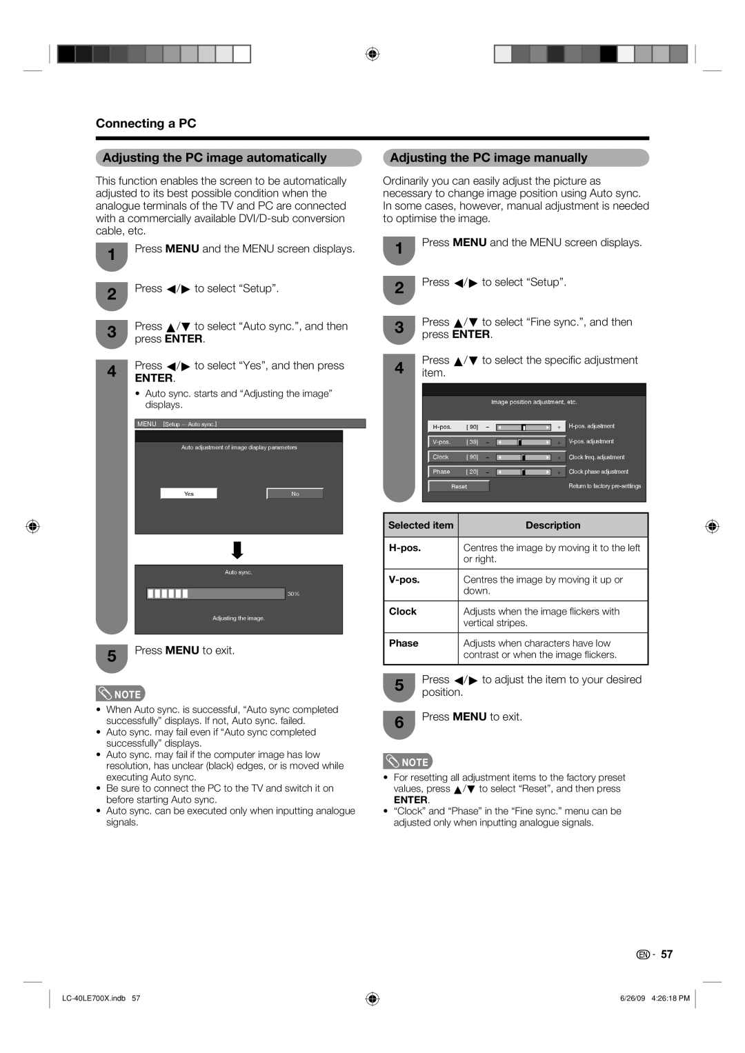 Sharp LC-40LE700X operation manual Connecting a PC Adjusting the PC image automatically, Adjusting the PC image manually 