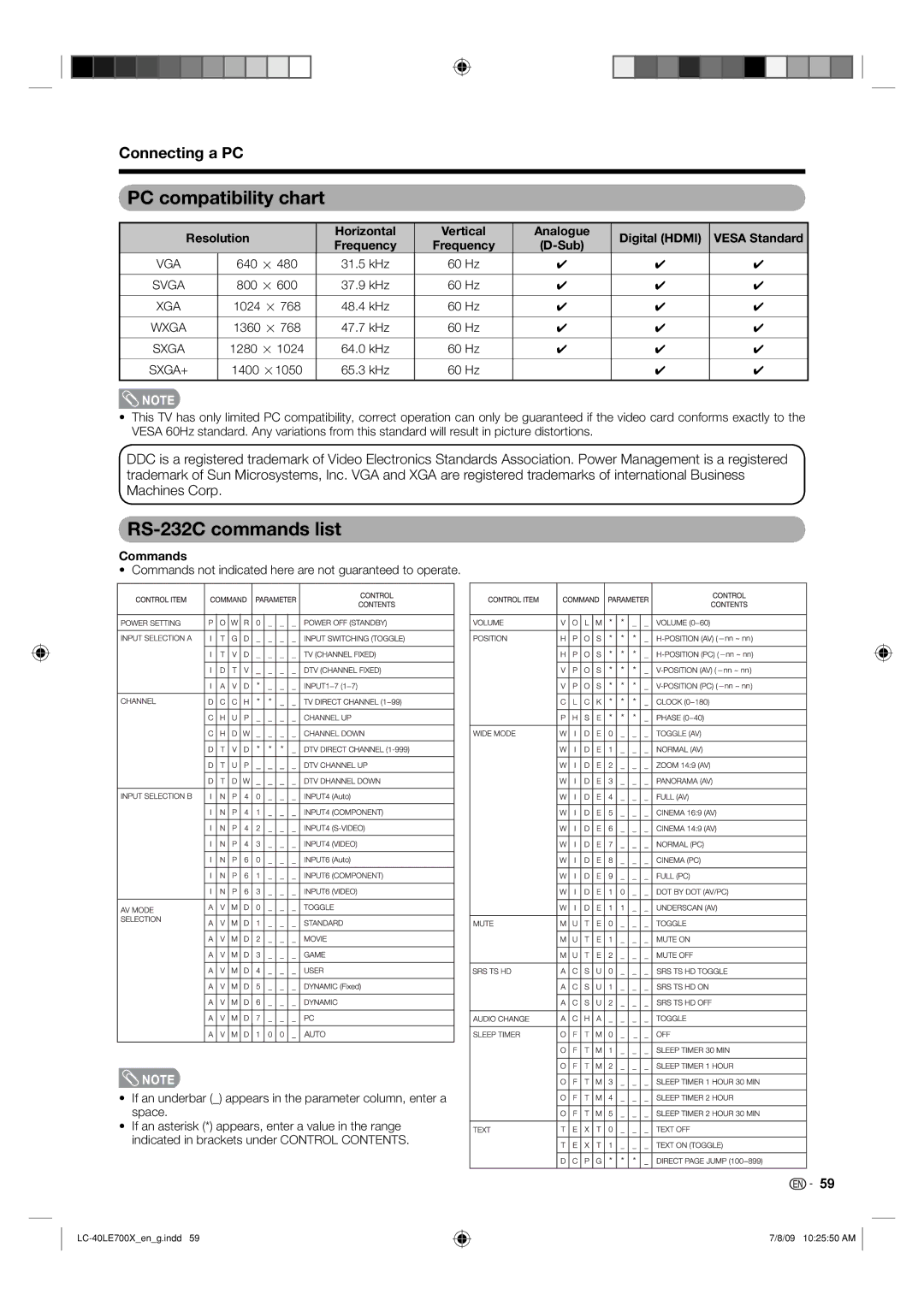 Sharp LC-40LE700X operation manual PC compatibility chart, RS-232C commands list, Commands 