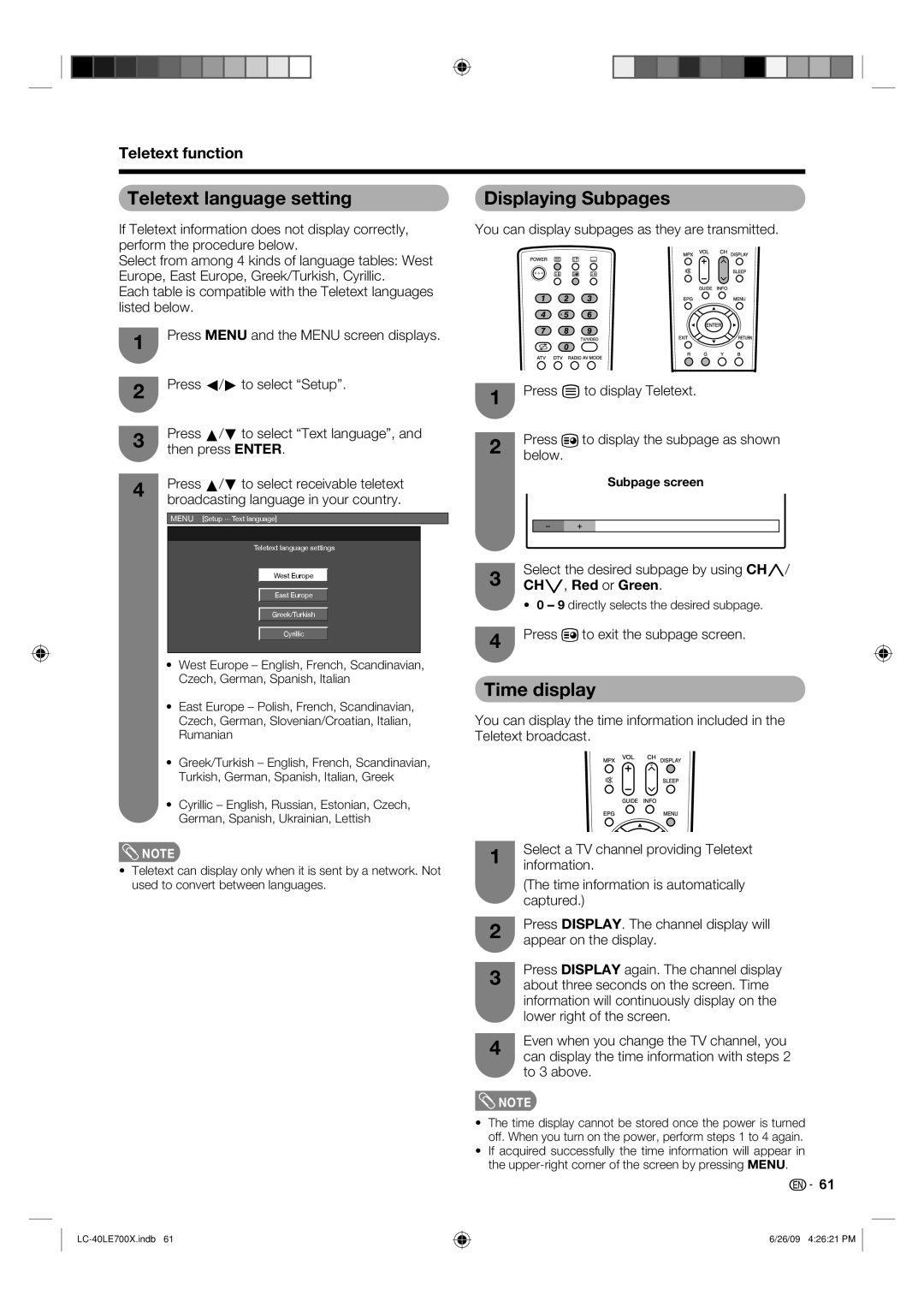 Sharp LC-40LE700X Teletext language setting, Displaying Subpages, Time display, Teletext function, CHs , Red or Green 