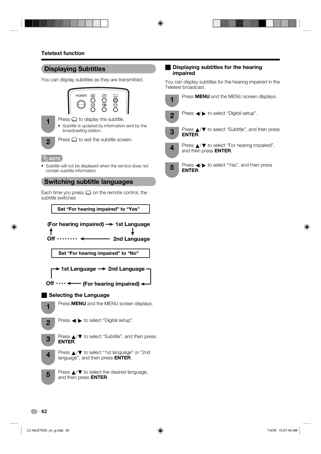 Sharp LC-40LE700X Displaying Subtitles, Switching subtitle languages, Displaying subtitles for the hearing impaired 