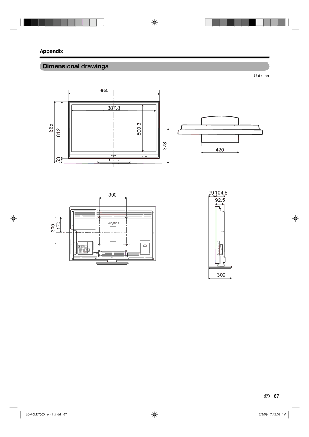 Sharp LC-40LE700X operation manual Dimensional drawings, Unit mm 