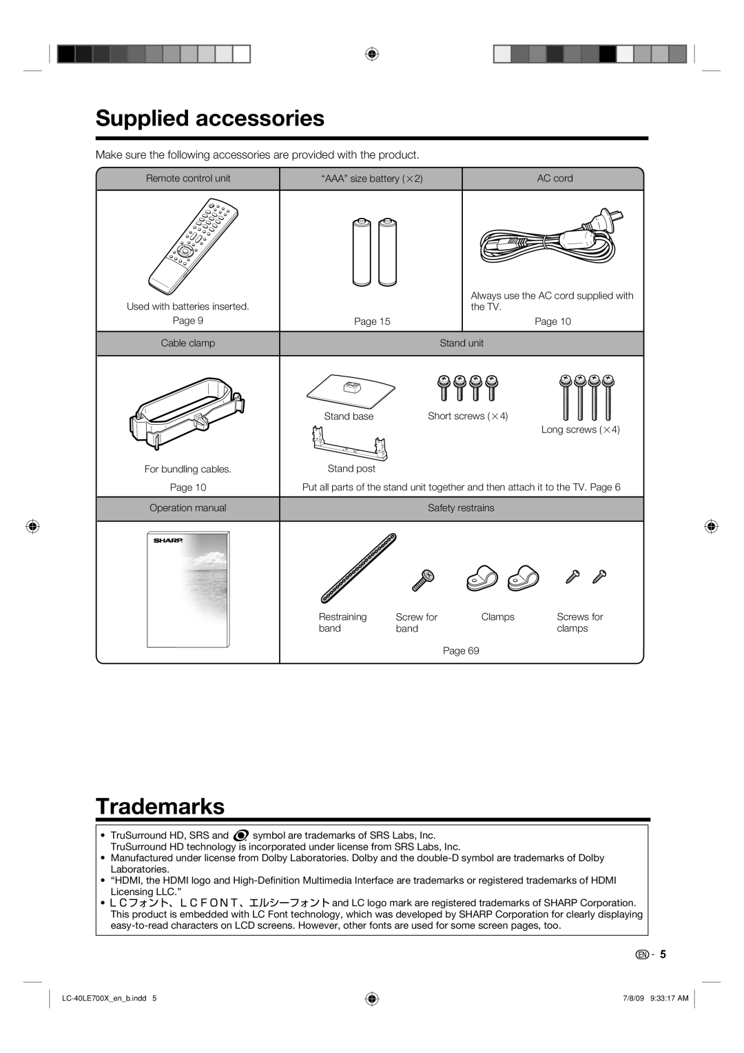 Sharp LC-40LE700X operation manual Supplied accessories, Trademarks 