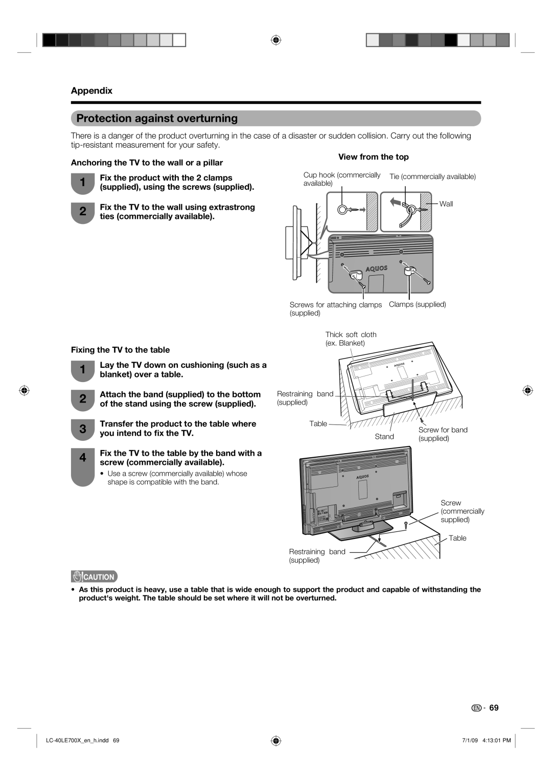 Sharp LC-40LE700X operation manual Protection against overturning, Use a screw commercially available whose 