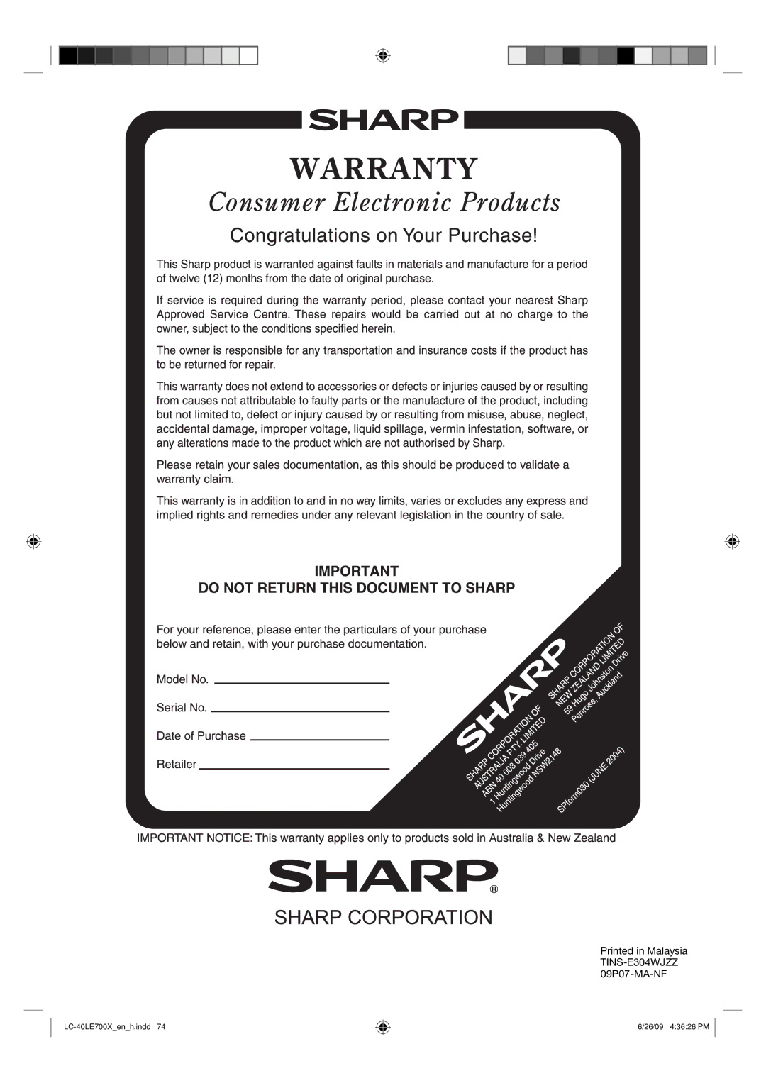 Sharp operation manual LC-40LE700Xenh.indd 26/09 43626 PM 