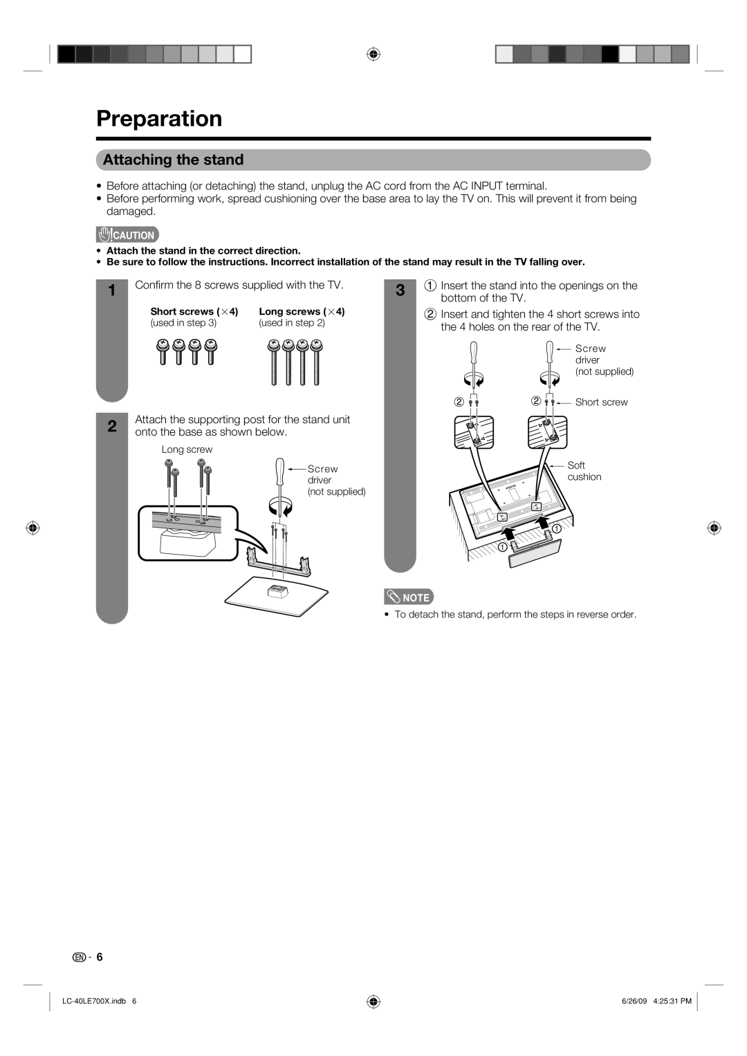 Sharp LC-40LE700X operation manual Preparation, Attaching the stand 