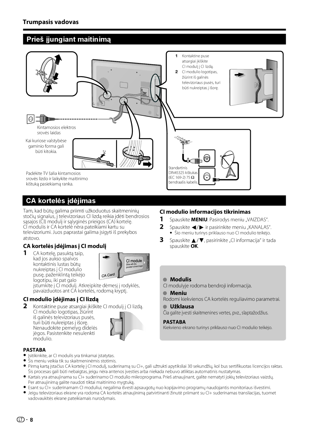 Sharp LC-40LE731E, LC-46LE731E operation manual Prieš įjungiant maitinimą, CA kortelės įdėjimas, Trumpasis vadovas 