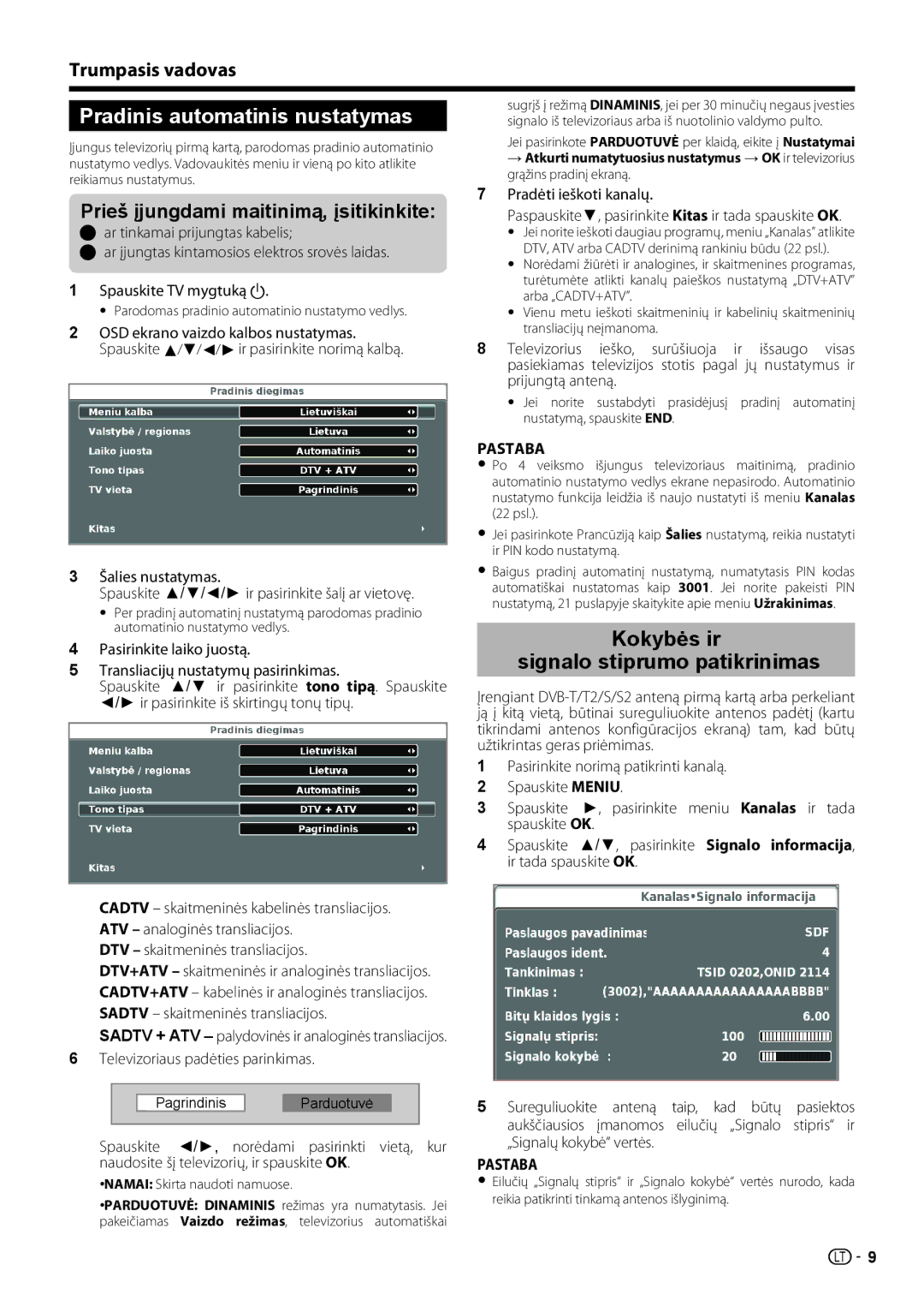 Sharp LC-46LE731E, LC-40LE731E operation manual Pradinis automatinis nustatymas, Kokybės ir signalo stiprumo patikrinimas 