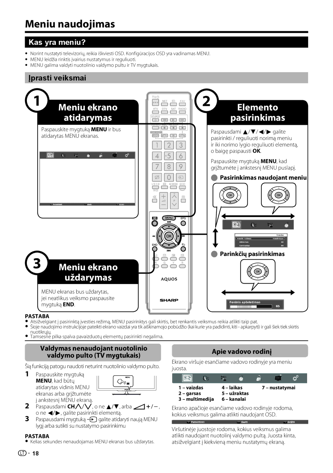 Sharp LC-40LE731E, LC-46LE731E operation manual Meniu naudojimas, Kas yra meniu?, Įprasti veiksmai, Apie vadovo rodinį 