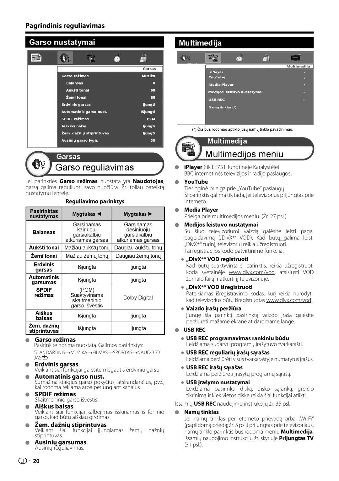 Sharp LC-40LE731E, LC-46LE731E operation manual Garso nustatymai Multimedija, Pagrindinis reguliavimas 