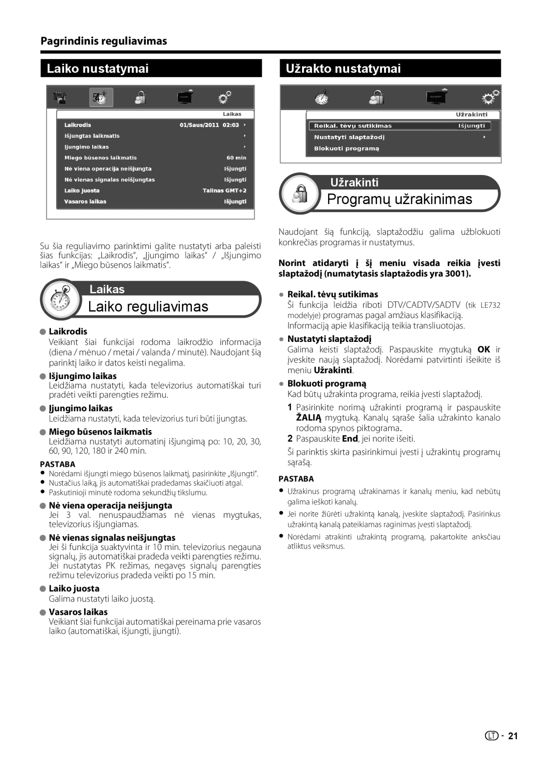 Sharp LC-46LE731E, LC-40LE731E operation manual Laiko nustatymai, Užrakto nustatymai 