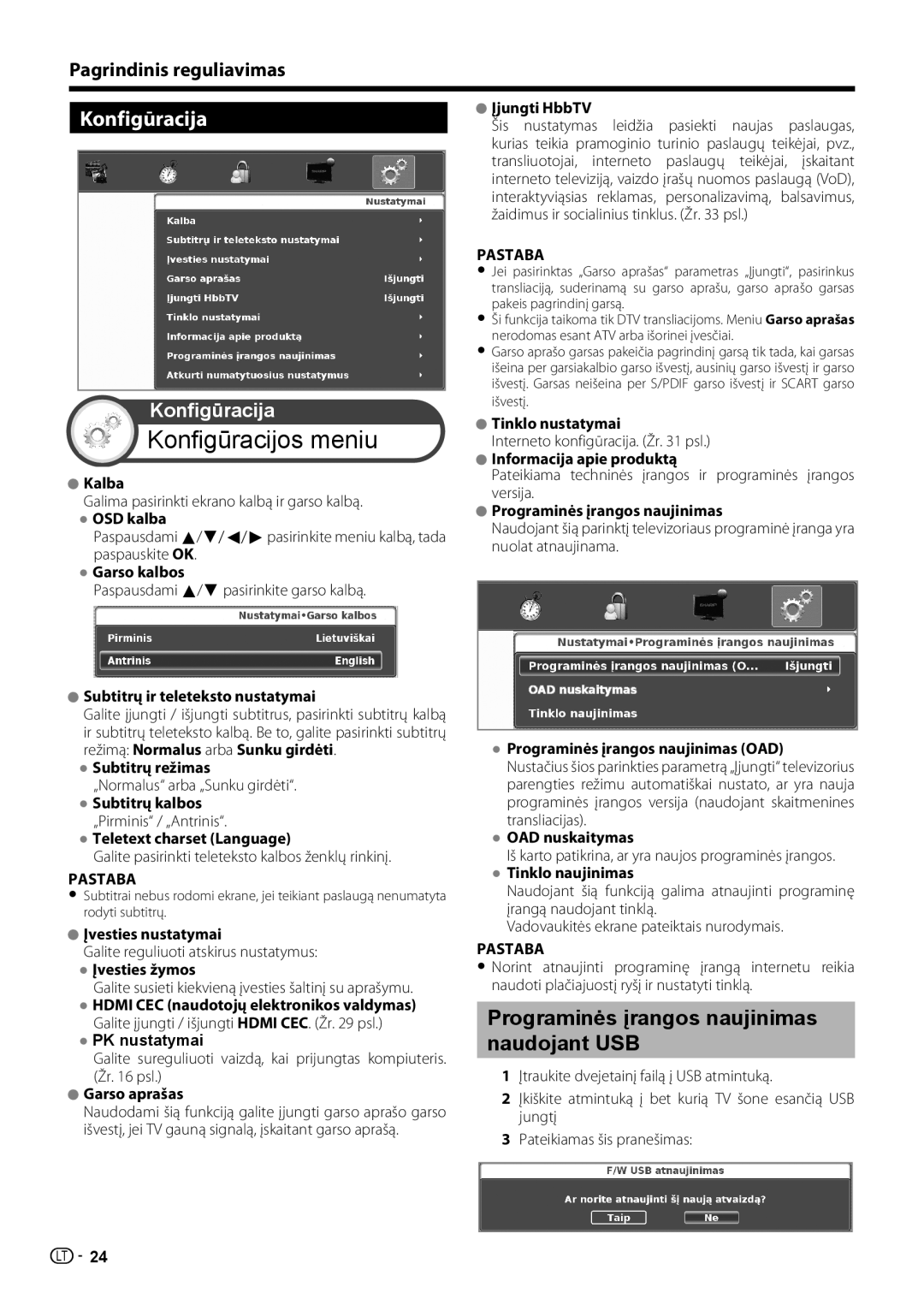 Sharp LC-40LE731E, LC-46LE731E operation manual Konfigūracija, Programinės įrangos naujinimas naudojant USB 