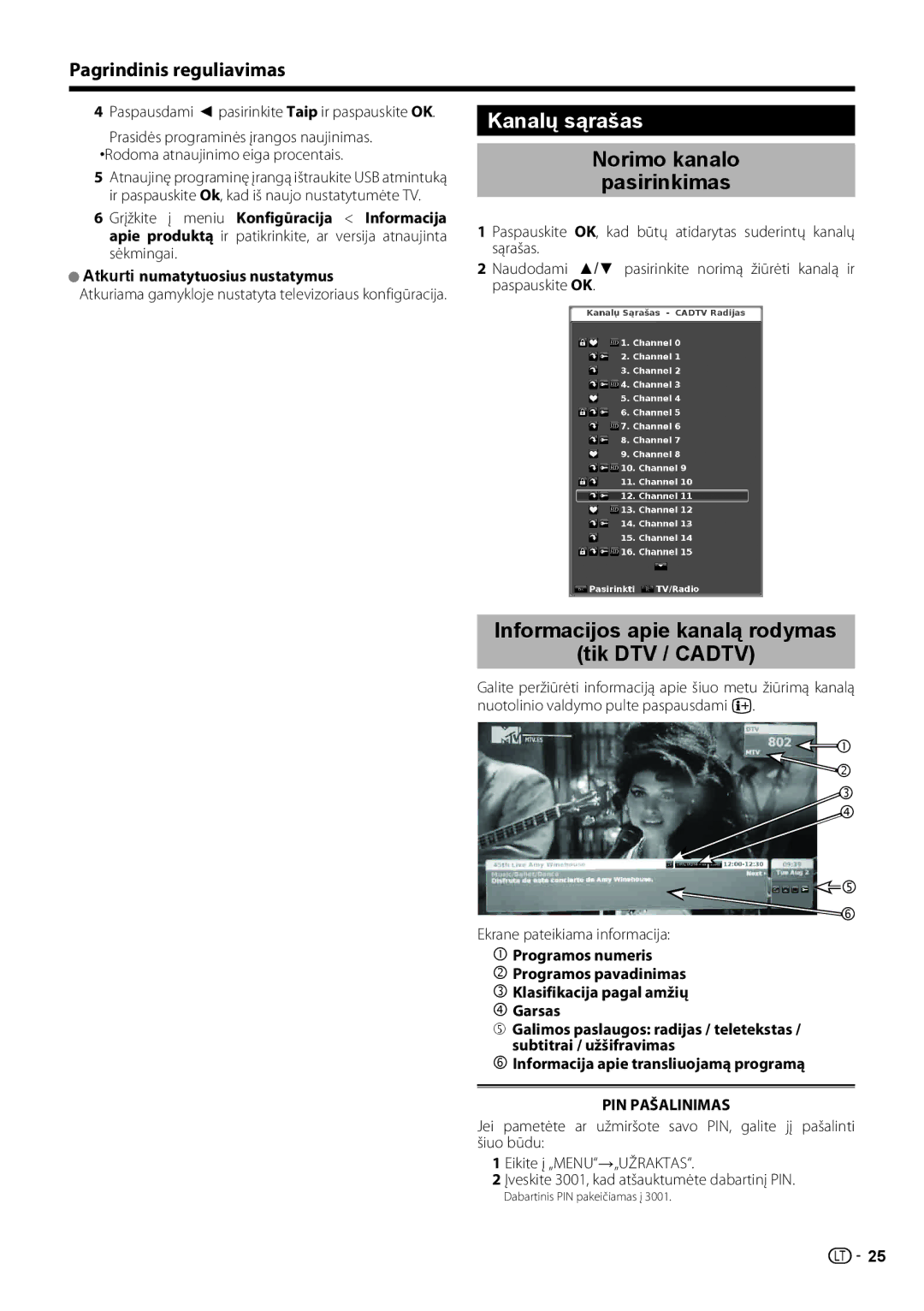 Sharp LC-46LE731E Kanalų sąrašas, Norimo kanalo Pasirinkimas, Informacijos apie kanalą rodymas Tik DTV / Cadtv 