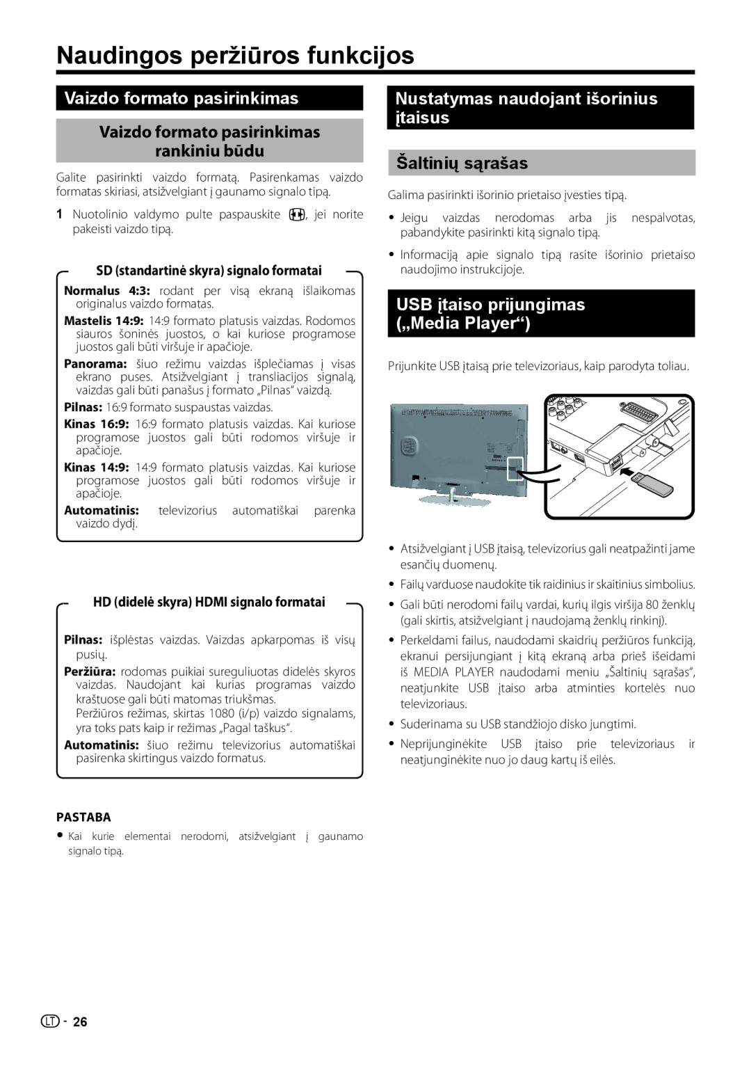 Sharp LC-40LE731E Naudingos peržiūros funkcijos, Vaizdo formato pasirinkimas, Nustatymas naudojant išorinius įtaisus 