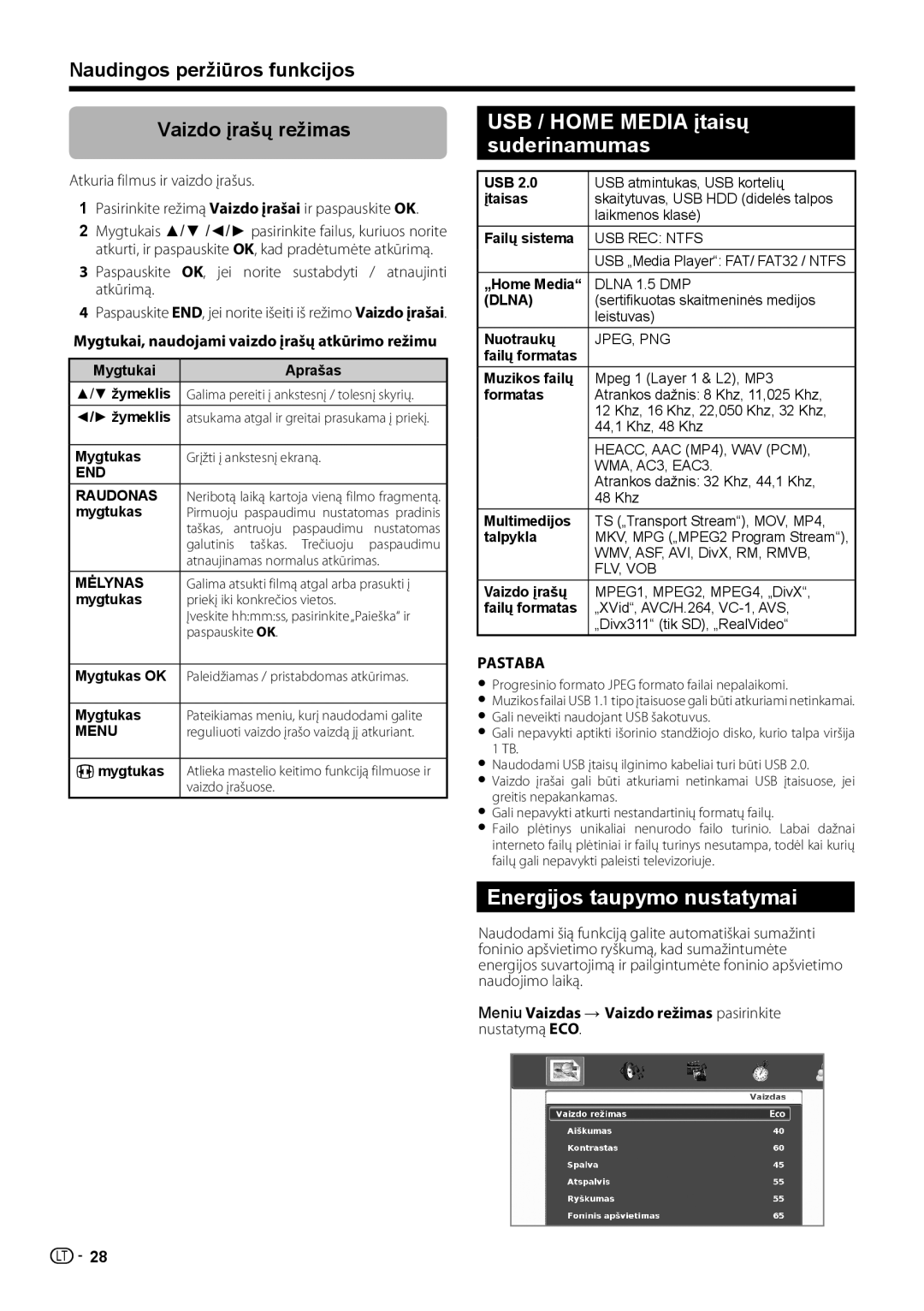 Sharp LC-40LE731E, LC-46LE731E operation manual USB / Home Media įtaisų suderinamumas, Energijos taupymo nustatymai 