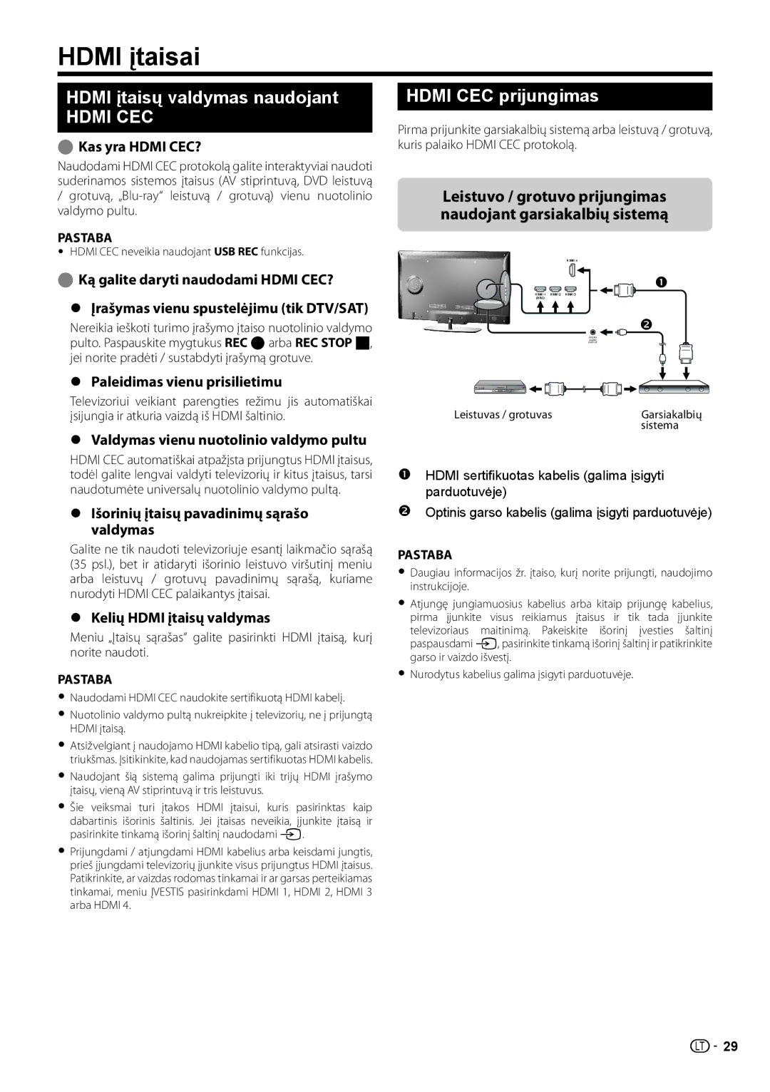 Sharp LC-46LE731E, LC-40LE731E operation manual Hdmi įtaisai, Hdmi įtaisų valdymas naudojant, Hdmi CEC prijungimas 