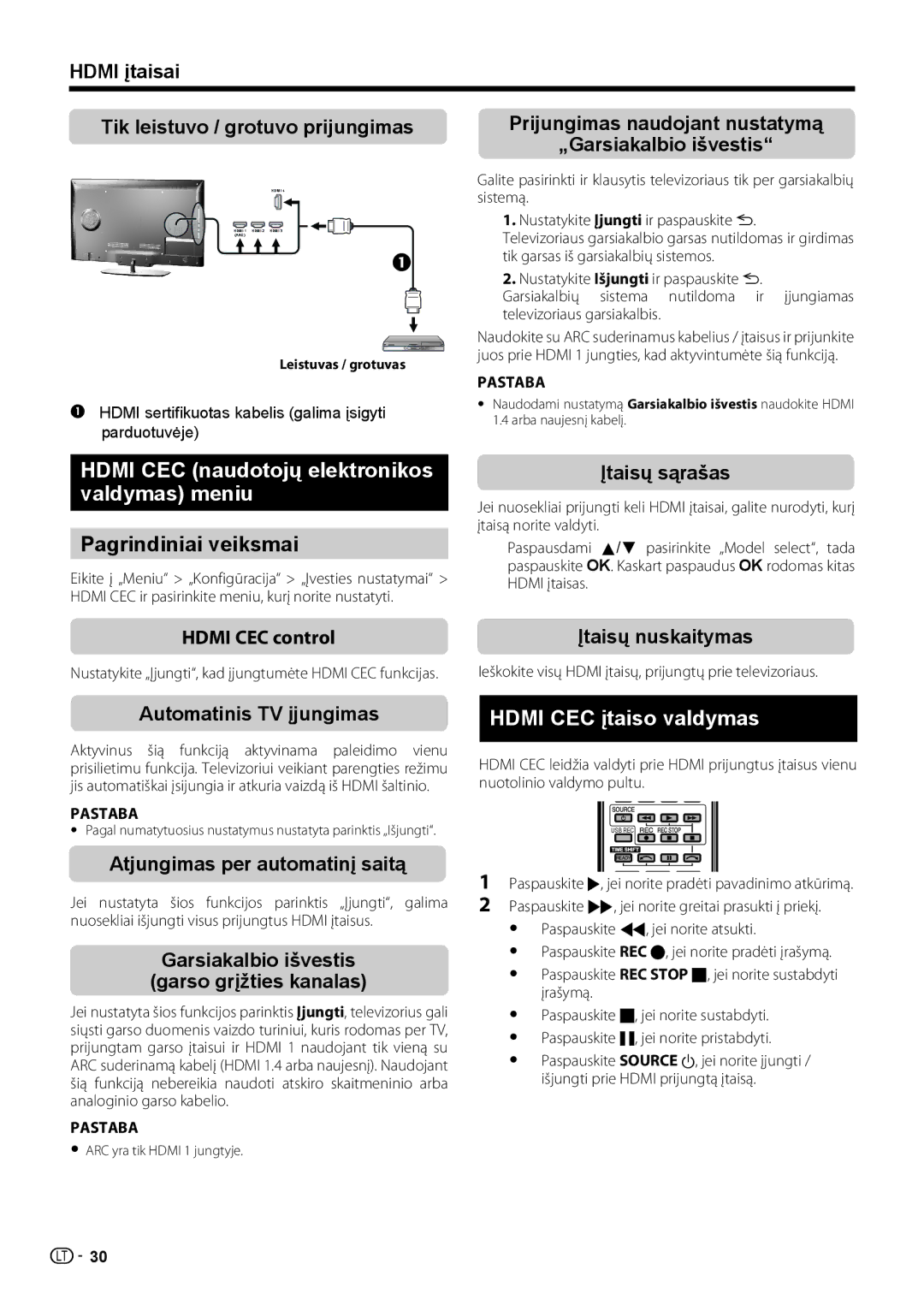 Sharp LC-40LE731E Hdmi CEC naudotojų elektronikos valdymas meniu, Pagrindiniai veiksmai, Hdmi CEC įtaiso valdymas 